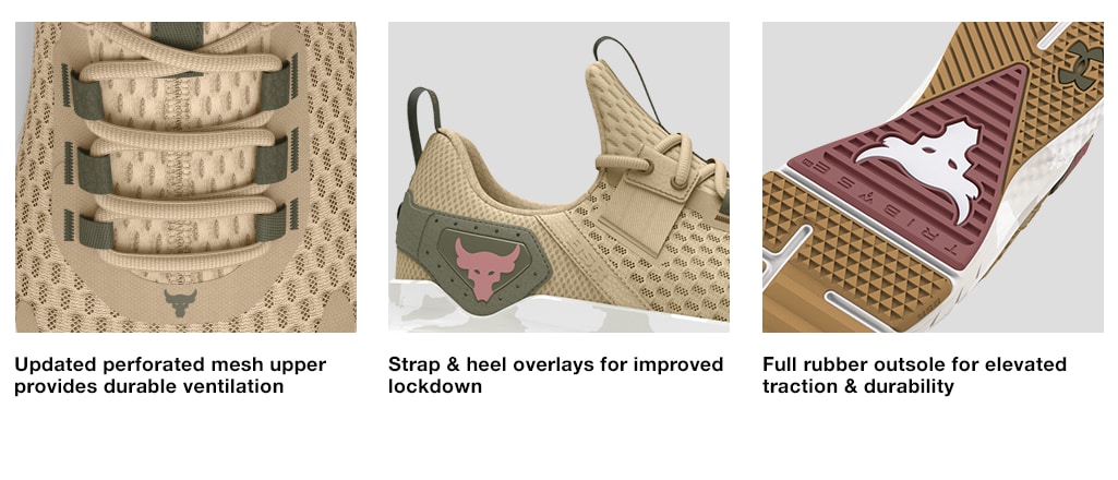 Men's Under Armour Tan UFC Project Rock BSR 4 Training Shoes. Updated perforated mesh upper provides durable ventilation. Stray & heel overlays for improved lockdown. Full rubber outsole for elevated traction & durability.